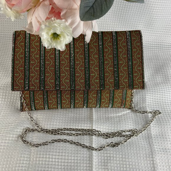 G-Lish Womens Green & Orange Beaded Rectangular Clutch Crossbody Purse - Picture 4 of 6